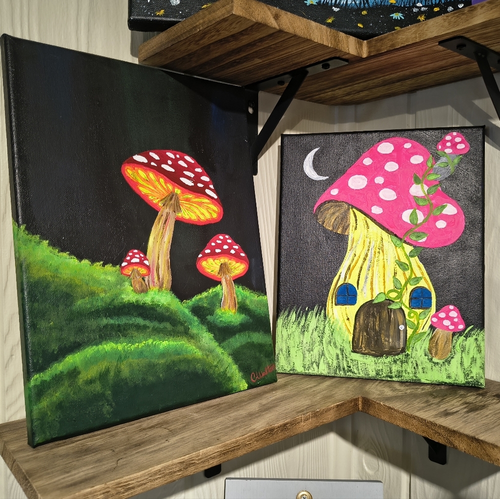 Hand-Painted Pink Mushroom Canvas Wall Art - Whimsical Home Decor